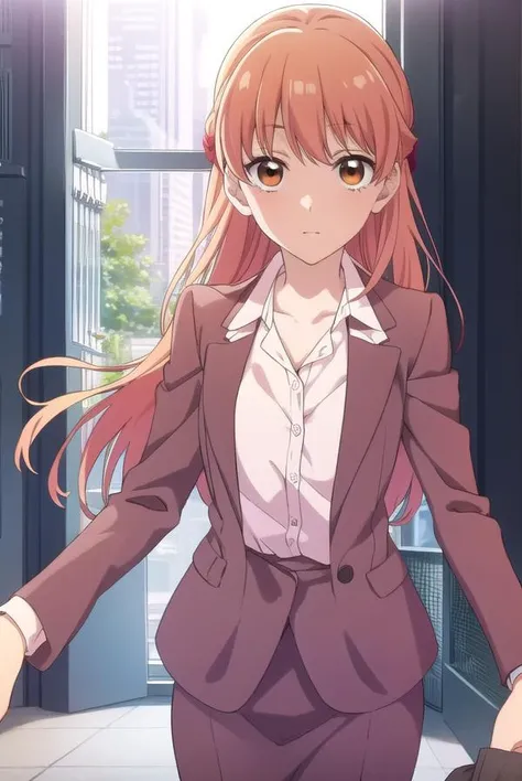 narumimomose, <lora:narumimomose-lora-nochekaiser:1>,
narumi momose, long hair, (brown eyes:1.2),
BREAK skirt, shirt, jacket, formal, suit, pencil skirt, office lady, skirt suit,
BREAK looking at viewer,
BREAK indoors,
BREAK <lora:GoodHands-vanilla:1>, (ma...