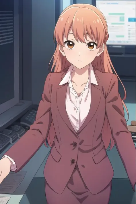 narumimomose, <lora:narumimomose-lora-nochekaiser:1>,
narumi momose, long hair, (brown eyes:1.2),
BREAK skirt, shirt, jacket, formal, suit, pencil skirt, office lady, skirt suit,
BREAK looking at viewer,
BREAK indoors,
BREAK <lora:GoodHands-vanilla:1>, (ma...