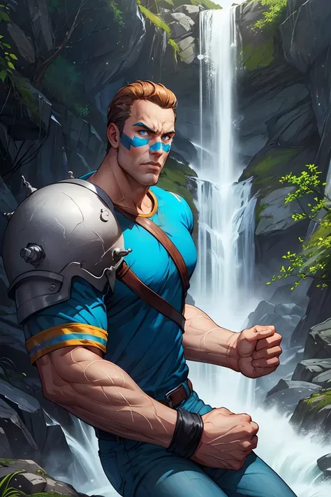 BrianBattler, 1guy, facepaint, blue jersey, chest belt, denim pants, (shoulder armor:1.1), fighting pose, at the waterfall, looking to viewer, natural lighting, detailed face, detailed eyes, masterpiece, high_res, perfect face, High detailed,,strong muscle...