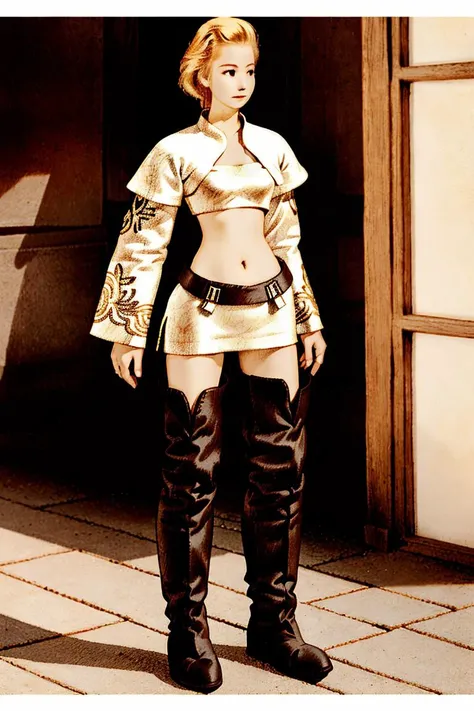 1girl, blonde hair, navel, armor, thigh gap, chinese clothes, thigh boots <lora:fftstyle_v1.8_&_v2.2_merge:1> <lora:banana_tits_v2.0:0.6> <lora:eleanorp:0.6>