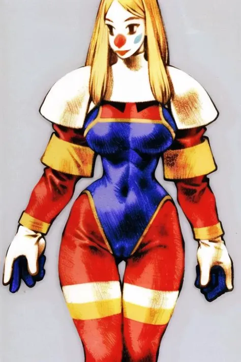 <lora:fftstyle_v1.8_&_v2.2_merge:1> [clown nose], white facepaint, clown makeup, 1girl, blonde hair,  armor, thigh gap,large breasts, wide hips, thick thighs,