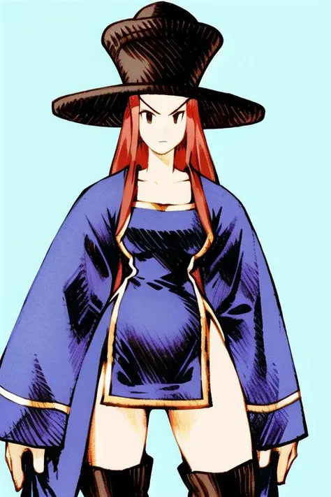 <lora:fftstyle_v1.8_&_v2.2_merge:1> 1girl, thigh gap, wide hips, thick thighs, blonde hair, wizard, chinese clothes, spandex, scowl, hat, red hair