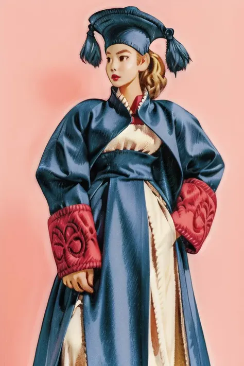 <lora:v1.8_NAI+v2.5_NAI:1><lora:pinup_girls_v1.0:0.5>1girl, tassel hat ornament, wide hips, sleeve cuffs, side slit, long coat, armor