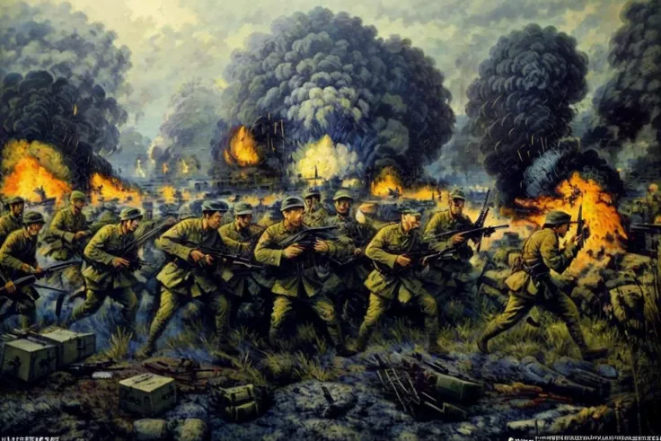 painting of a group of soldiers in a field with smoke coming out of the trees