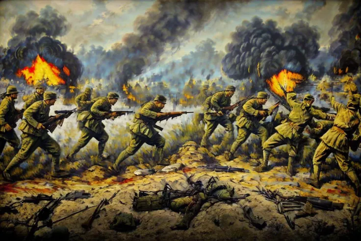 painting of a group of soldiers with guns in a field