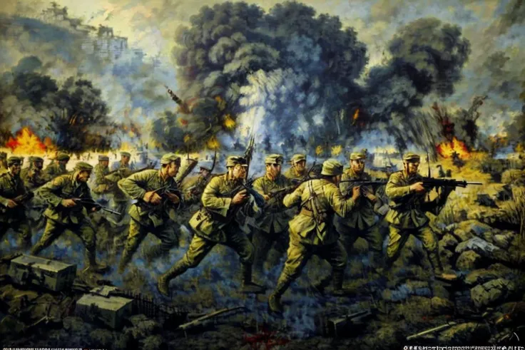 painting of a group of soldiers in a field with smoke and flames