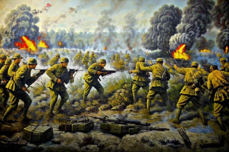 painting of a group of soldiers in a field with flames