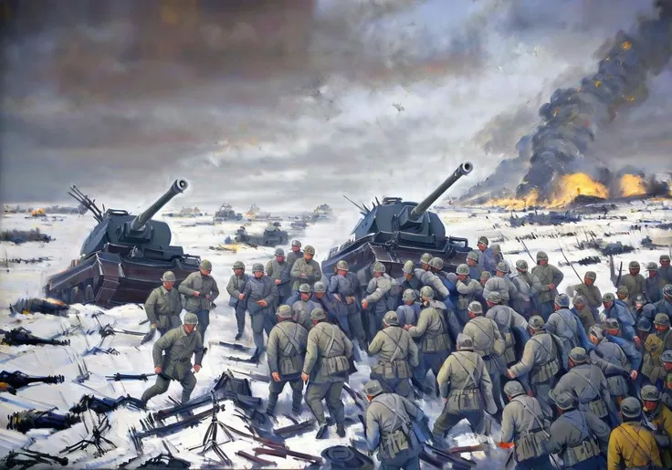 painting of a group of soldiers standing in a field with tanks