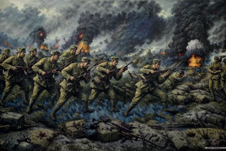 a painting of a group of soldiers in a field with smoke coming out of the sky