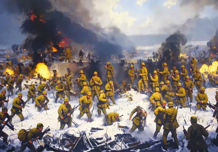 arafed image of a painting of a group of soldiers in yellow uniforms