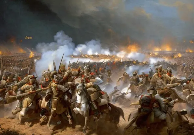 arafed image of a painting of a battle with men on horses