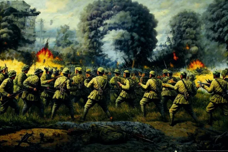 painting of a group of soldiers in a field with smoke and trees