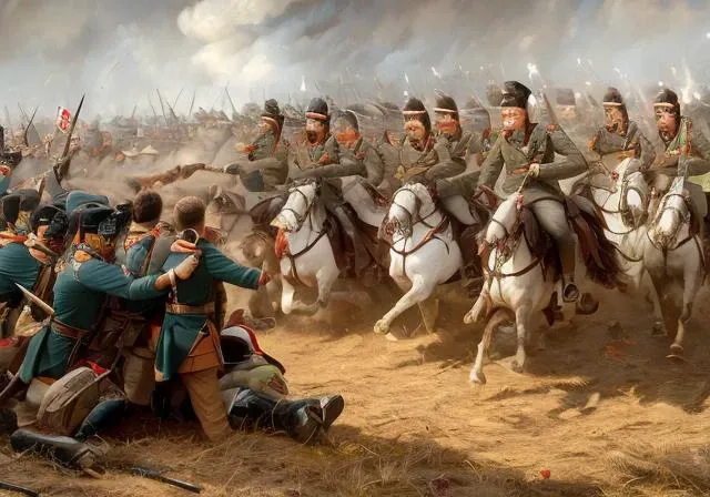 soldiers on horses are in a battle with a man on a horse