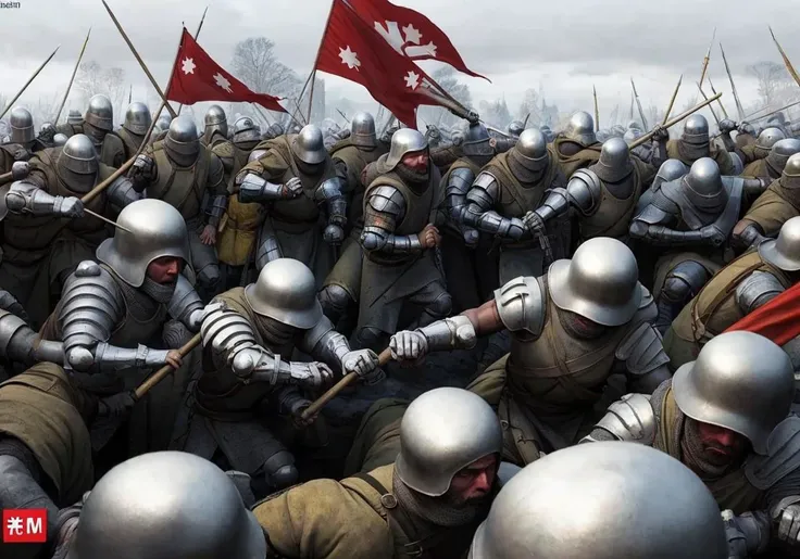 a close up of a group of men in armor holding flags