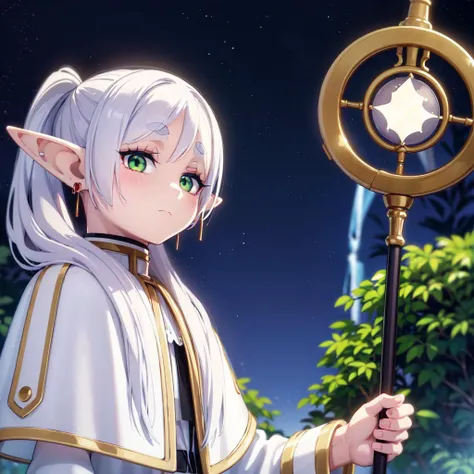 anime girl with white hair holding a star shaped pole