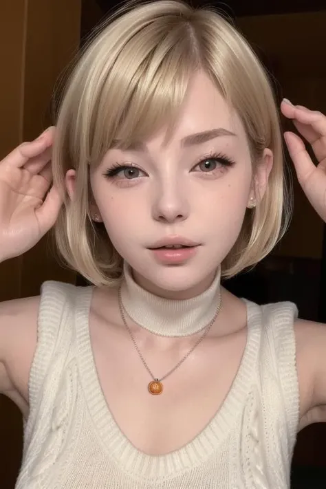 best quality, super detailed skin, (upper body), 20 yo,<lora:Pimo:1> Beso,incoming kiss,  <lora:EllaNyan:0.8> ellanyan,short hair, (blond hair:1.2), wearing an orange sleeveless sweater, turtleneck, wearing a bird pendant best quality,