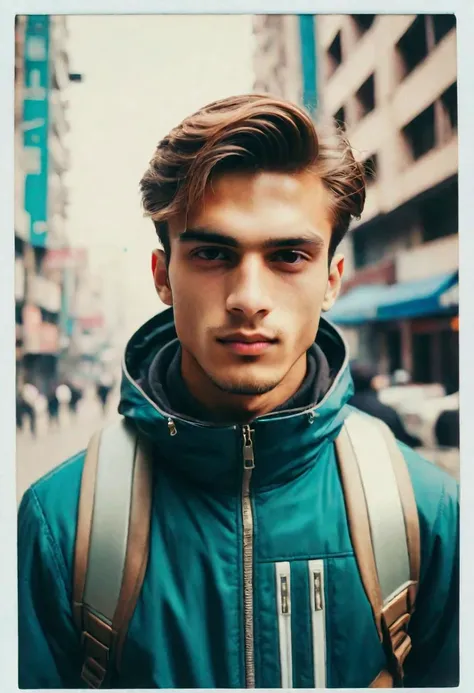 analog photo, a handsome man, bihari, 20 years old, light brown hair, petite, small frame, ski suit, zoom layer cyberpunk city, vintage, faded film, film grain, polaroid, (white frame: 0.9)