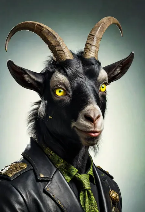 goat with horns and a green tie wearing a leather jacket