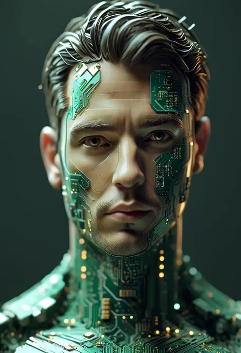 a close up of a man with a circuit board on his face