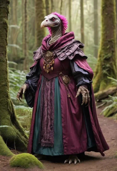 skeksil, a chunky humanoid vulture skeksis wearing victorian robe , in a forest