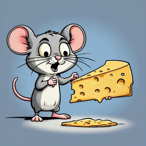 cartoon of a small mouse holding out a large slice of cheese to an angry cat