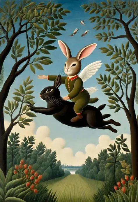 painting by Henri Rousseau, flying bunny boy, extremely cute