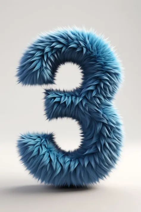 Cute blue number "3" as fur shape,  short hair,  white background,  concept playlist style,  3D illusion,  digital manipulation,  creative commons attribute,  maroon color,  poet core,  storybook style