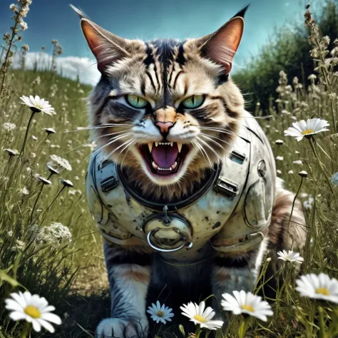 HDR photo of very angry cat, Profoundly dark whiteish meadow, glass flowers, Stains, space grunge style, Sci-fi vibe, dirty, noisy, Vintage monk style, very detailed, hd, . High dynamic range, vivid, rich details, clear shadows and highlights, realistic, i...