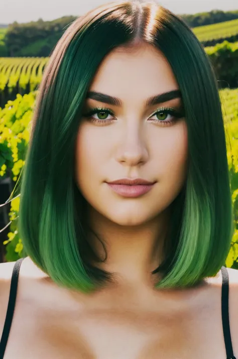 a woman with green hair and a black bra top