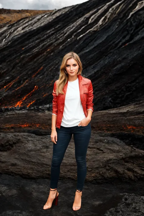 anjelika fotson standing close up, young, makeup, smiling,
beautiful face, masterpiece, highres, realistic,
jeans,
volcanic land...