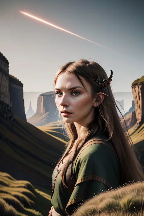 a woman with long hair standing in a field with mountains in the background