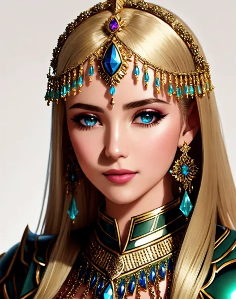 a close up of a woman with a gold headpiece and blue eyes