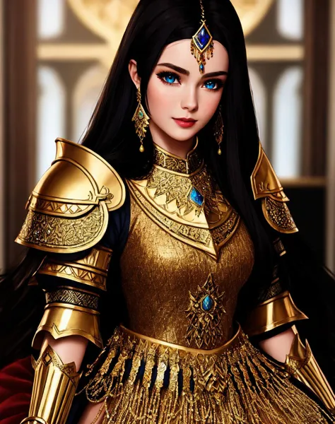 a close up of a woman in a gold dress with a sword