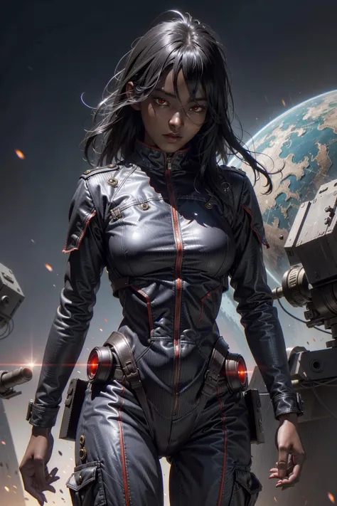 a woman in a futuristic suit holding a gun in front of a spaceship