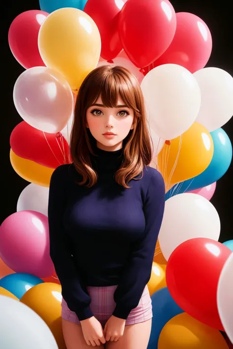 real human skin, RAW photo, fashion portrait photo of beautiful young woman from the 60s wearing a red turtleneck standing in the middle of a ton of white balloons,taken on a hasselblad medium format camera,film grain,Fujifilm XT3