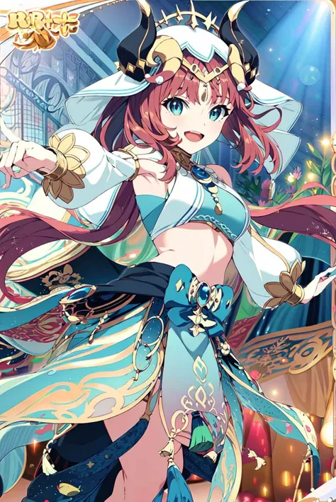 masterpiece, best quality, looking at viewer, 
1girl, :d,
dutch angle
dynamic pose,
dancing, moving rapidly,
beautiful, elegant,
<lora:nilouGenshinImpact_v10:1.1:MIDD> nilou (neither flower nor mist) (genshin impact), aqua eyes, fake horns, red hair, long ...