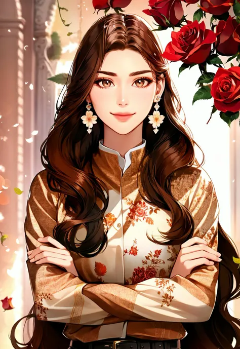 Concept art, love themes, illustrations, 1girl, jewelry, earrings, solo, long hair, crossed arms, brown eyes, brown hair, looking at viewer, upper body, smile, leaf, lips, long sleeves, wavy hair, flower, rose, blurry background, belt, closed mouth, shirt<...