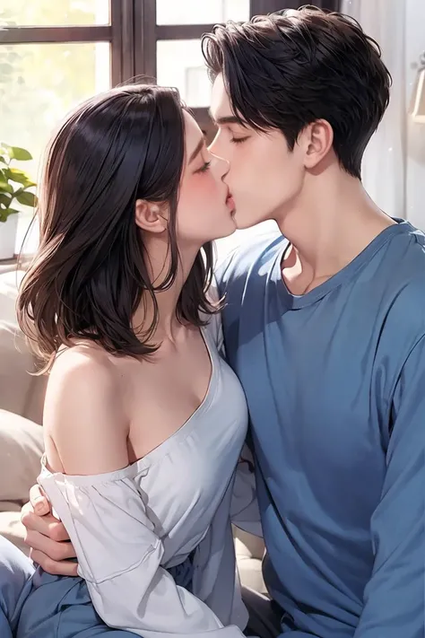 Concept art,love themes,illustrations,1man,1girl,kiss,hetero,brown hair,closed eyes,topless male,blush,black hair,pajamas,blue pants,long hair,sitting,collarbone,pants,couple,indoors,medium hair,blurry,shirt,hand on anothers shoulder,long sleeves,hand on a...