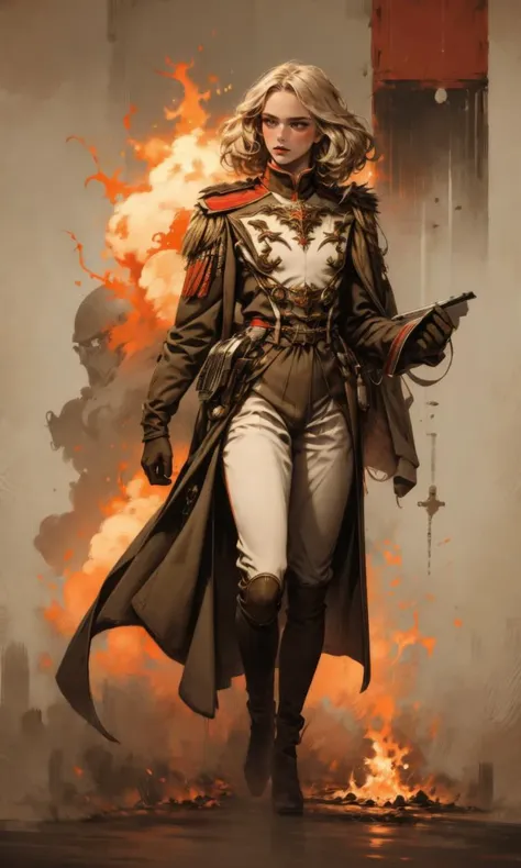 a woman in a trench coat and boots walking through a fire