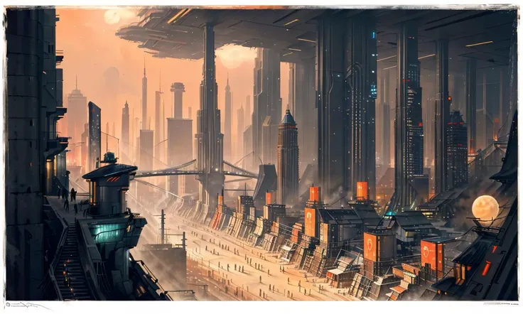 futuristic city with a bridge and a clock tower in the distance