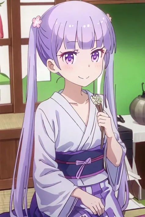 best quality, masterpiece, highres, solo, {suzukaze_aoba_newgame:1.15}, purple_hair, long_hair, twintails, purple_eyes, hair_ornament, flower, hair_flower, blush, ribbon, bangs, neck_ribbon, 1girl, blunt_bangs, closed_mouth, japanese_clothes, kimono, smile...