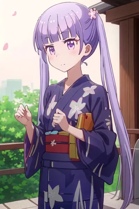 best quality, masterpiece, highres, solo, {yukata:1.40}, {kimono:1.20}, {suzukaze_aoba_newgame:1.15}, purple_hair, long_hair, twintails, purple_eyes, hair_ornament, flower, hair_flower, blush, ribbon, bangs, neck_ribbon