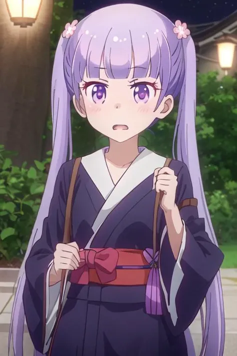 best quality, masterpiece, highres, solo, {suzukaze_aoba_newgame:1.15}, purple_hair, long_hair, twintails, purple_eyes, hair_ornament, flower, hair_flower, blush, ribbon, bangs, neck_ribbon, 1girl, japanese_clothes, kimono, open_mouth, upper_body, yukata, ...