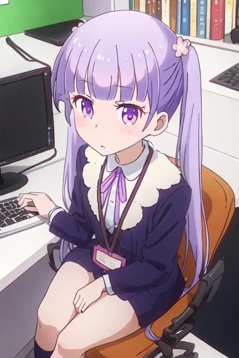 best quality, masterpiece, highres, solo, {suzukaze_aoba_newgame:1.15}, purple_hair, long_hair, twintails, purple_eyes, hair_ornament, flower, hair_flower, blush, ribbon, bangs, neck_ribbon, 1girl, chair, computer, formal, keyboard_(computer), monitor, sui...