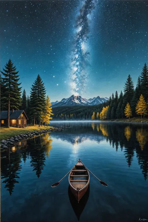 a painting of a boat floating on top of a lake under a night sky