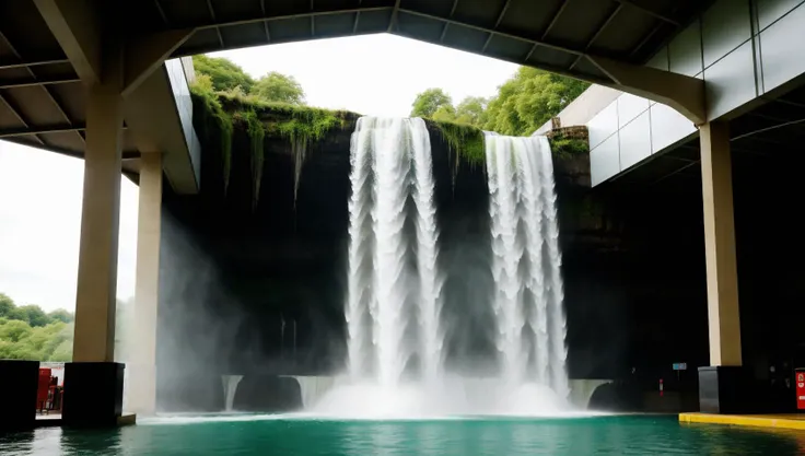 Waterfall from inside of a Bus station