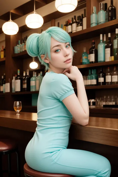 Pastel Colors, soft light, burly Brian Griffin, sitting in a Bar stool, Blue, Green and Aqua hairstyle, CMYK Colors