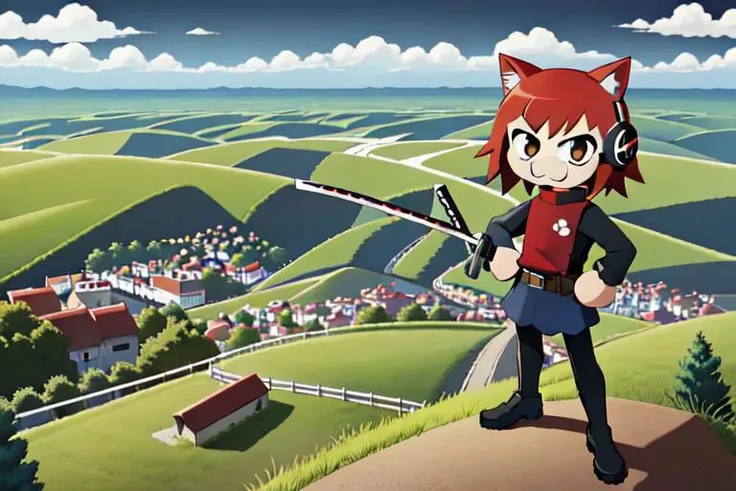 anime character with a sword standing on a hill overlooking a village