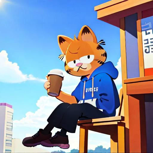 cartoon of a cat sitting on a bench with a cup of coffee