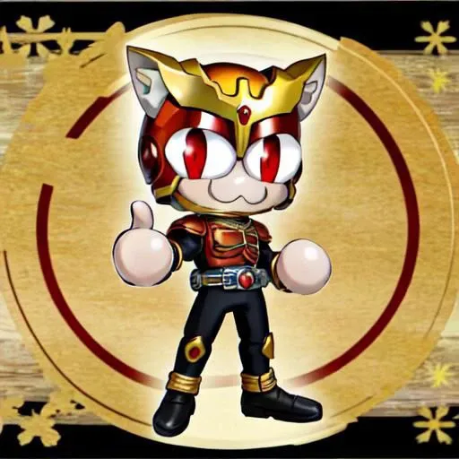 masterpiece-anatomy-perfect, best quality, 2-D, anime, avatar, vibrant, necoarc, KuugaMighty, anklet,horns,red armor, rider belt, gloves,red eyes,bodysuit,helmet,armor,belt, 1boy, solo, thumbs up, slit pupils, cat ears, blonde hair, red eyes, chibi, :3